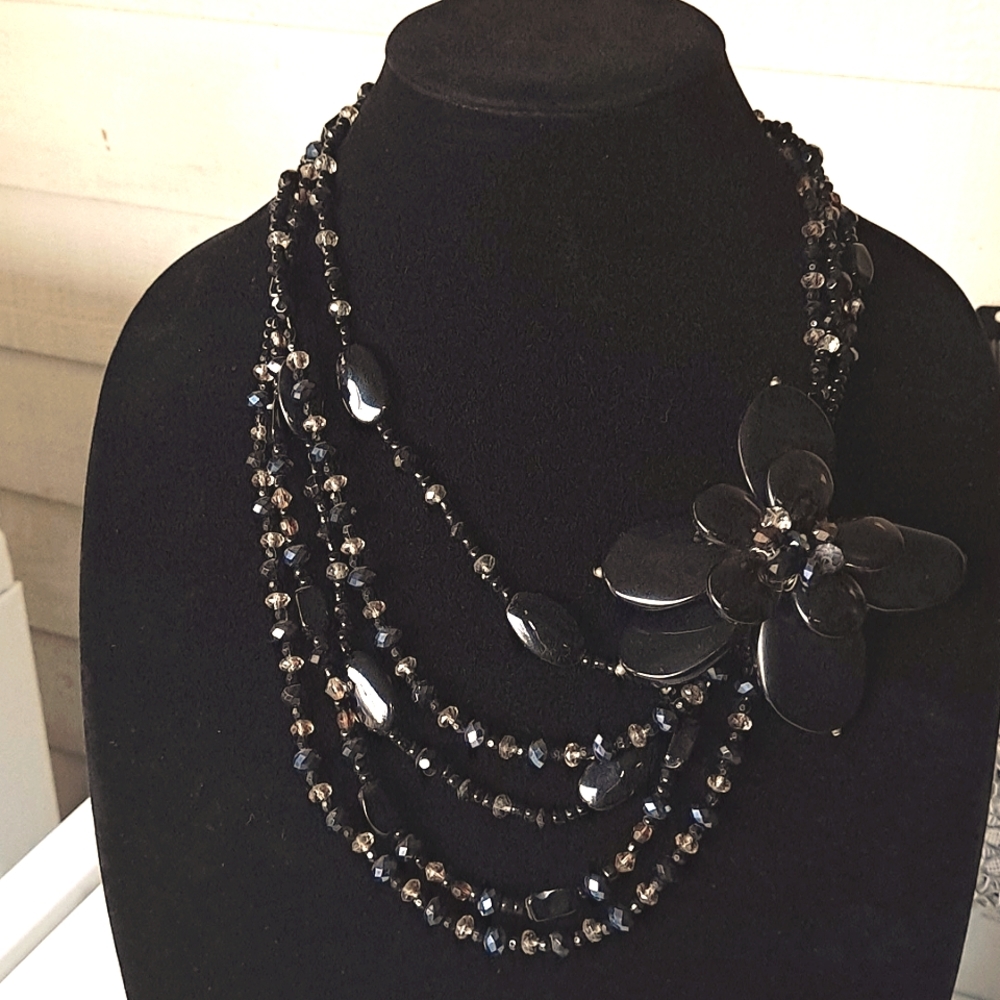 Black Onyx Layered Flowet Statement Necklace